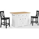 Julia Kitchen Island & Stool Set in White, Wood & Black