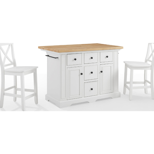 Julia Kitchen Island & Stool Set in White & Natural Wood