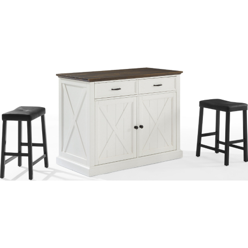 Clifton Kitchen Island Set Distressed White & Black with Saddle Stools