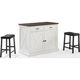 Clifton Kitchen Island Set Distressed White & Black with Saddle Stools