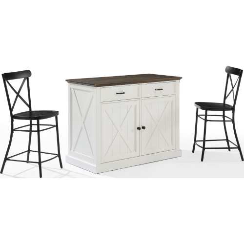 Clifton Kitchen Island Set in Distressed White & Black with Camille Stools