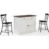 Clifton Kitchen Island Set in Distressed White & Black with Camille Stools