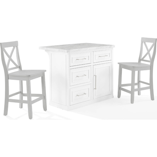 Cutler Kitchen Island Set in White Finish, White Faux Marble & Gray