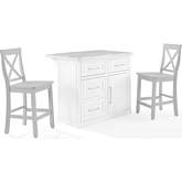 Cutler Kitchen Island Set in White Finish, White Faux Marble & Gray