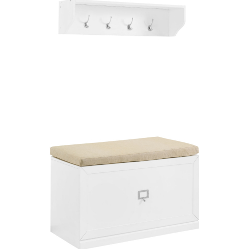 Harper 2 Piece Bench & Wall Shelf Entryway Set in White Wood & Cream Linen