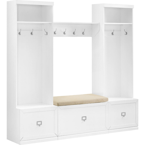 Harper 4 Piece Bench, Shelf & 2 Hall Trees Entryway Set in White Finish
