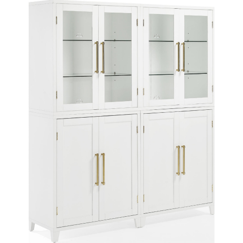Roarke Pantry Storage Cabinet with Hutch Set in White & Glass (Set of 2)