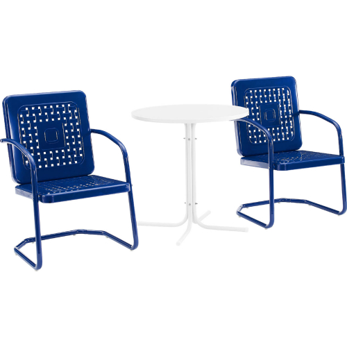 Bates 3 Piece Outdoor Bistro Dining Set in Gloss Navy Blue & White Satin Steel
