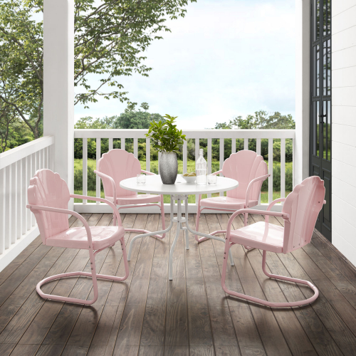 Tulip 5 Piece Outdoor Bistro Table & 4 Chairs Set in Pink Gloss & White Steel