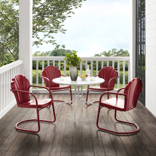 Tulip 5 Piece Outdoor Bistro Table & 4 Chairs Set in Red & White Steel