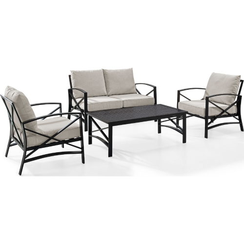 Kaplan 4 Piece Outdoor Loveseat Set in Oiled Bronze Steel with Oatmeal Cushions