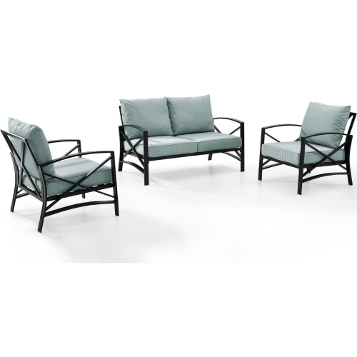 Kaplan 3 Piece Outdoor Loveseat Set in Oiled Bronze Steel with Mist Cushions