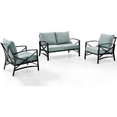Kaplan 3 Piece Outdoor Loveseat Set in Oiled Bronze Steel with Mist Cushions