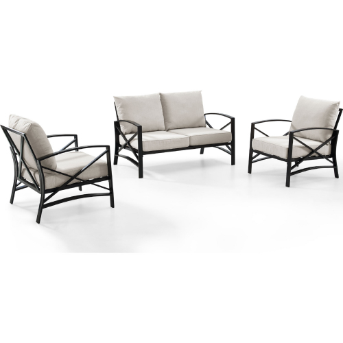 Kaplan 3 Piece Outdoor Loveseat Set in Oiled Bronze Steel with Oatmeal Cushion