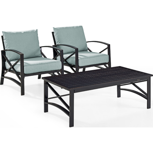 Kaplan 3 Piece Outdoor Arm Chair Set in Oiled Bronze Steel with Mist Cushions