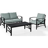 Kaplan 3 Piece Outdoor Loveseat Set in Oiled Bronze Steel with Mist Cushions