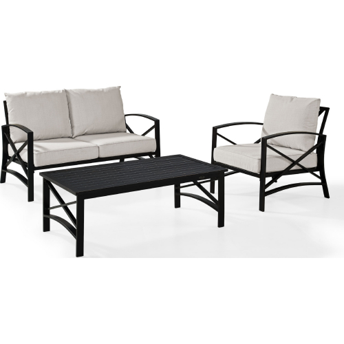 Kaplan 3 Piece Outdoor Loveseat Set in Oiled Bronze Steel with Oatmeal Cushion