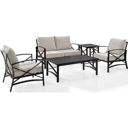 Kaplan 5 Piece Outdoor Loveseat Set in Oiled Bronze Steel with Oatmeal Cushion
