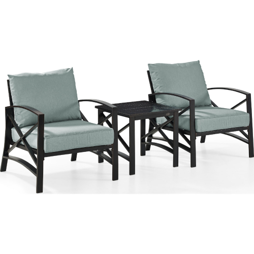 Kaplan 3 Piece Outdoor Arm Chair Set in Oiled Bronze Steel with Mist Cushions