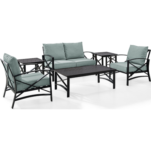 Kaplan 6 Piece Outdoor Loveseat Set in Oiled Bronze Steel with Mist Cushions