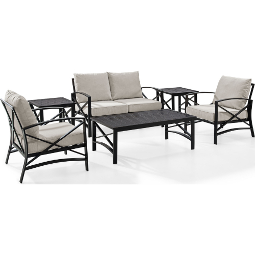 Kaplan 6 Piece Outdoor Loveseat Set in Oiled Bronze Steel with Oatmeal Cushion