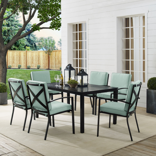 Kaplan 7 Piece Outdoor Dining Set in Oil Rubbed Bronze & Mist Cushions