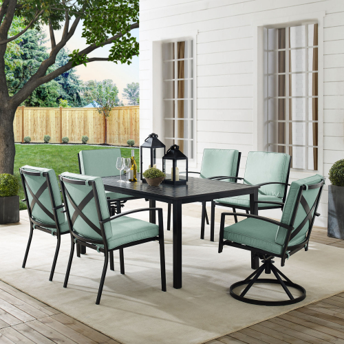 Kaplan 7 Piece Outdoor Dining Set in Oil Rubbed Bronze & Mist Cushions