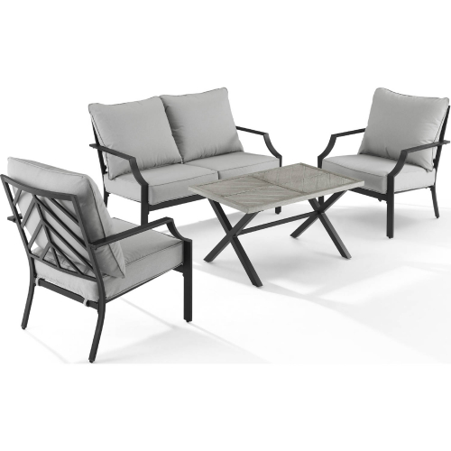 Otto 4 Piece Outdoor Loveseat Set in Black Metal & Gray Fabric
