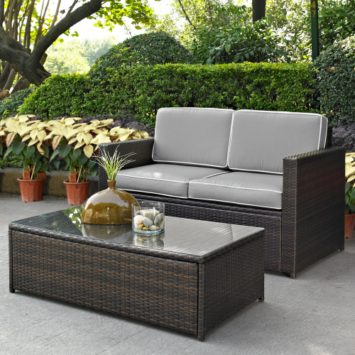 Palm Harbor 2 Piece Outdoor Loveseat & Coffee Table Set in Resin Wicker with Grey Cushions