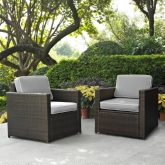 Palm Harbor 2 Piece Outdoor Arm Chair Set in Resin Wicker w/ Grey Cushions