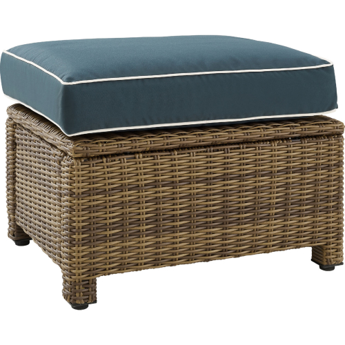Bradenton Outdoor Ottoman in Weathered Resin Wicker & Navy Blue Cushions