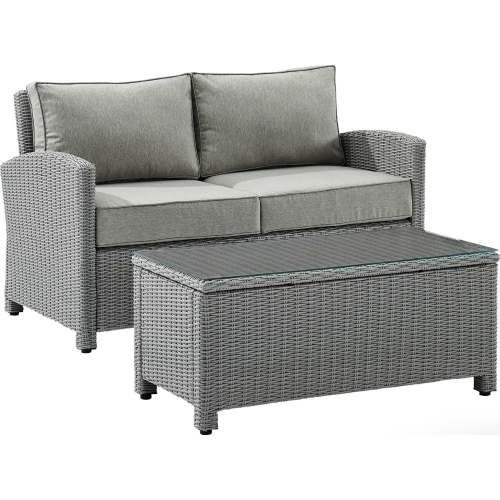 Bradenton 2 Piece Outdoor Loveseat & Table Set in Gray Resin Wicker & Gray Cushions
