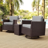 Palm Harbor 3 Piece Outdoor Swivel Arm Chair Set in Resin Wicker w/ Grey Cushions