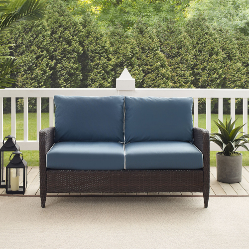 Kiawah Outdoor Loveseat in Brown Resin Wicker & Blue Cushions
