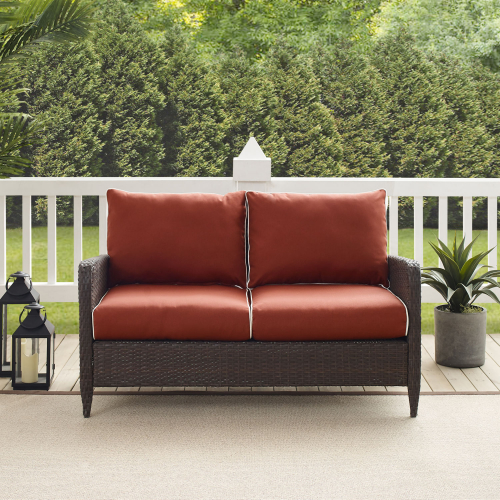 Kiawah Outdoor Loveseat in Brown Resin Wicker & Sangria Cushions