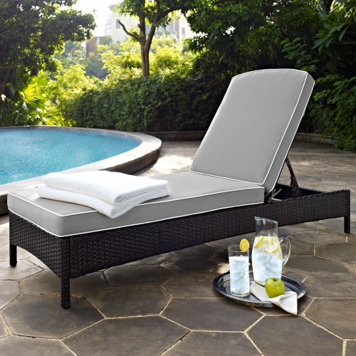 Palm Harbor Outdoor Chaise Lounge in Brown Resin Wicker with Grey Cushion