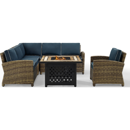 Bradenton 5 Piece Outdoor Sectional Sofa Set in Resin Wicker & Navy Blue Cushions