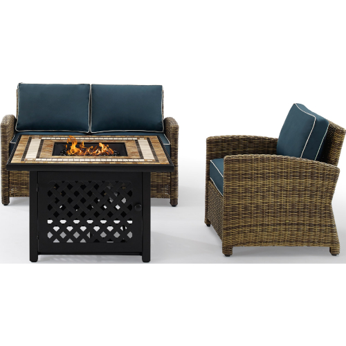 Bradenton 3 PC Outdoor Loveseat with Fire Table Set in Resin Wicker & Navy Blue Cushions