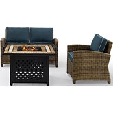 Bradenton 3 PC Outdoor Loveseat with Fire Table Set in Resin Wicker & Navy Blue Cushions