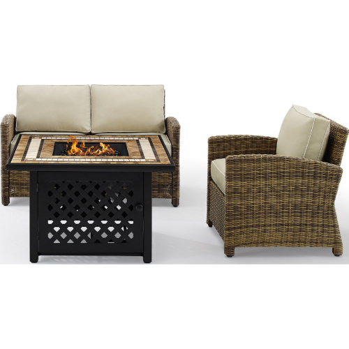 Bradenton 3 PC Outdoor Loveseat with Fire Table Set in Resin Wicker & Sand Cushions