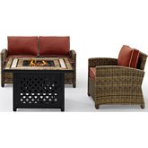 Bradenton 3 PC Outdoor Loveseat with Fire Table Set in Resin Wicker & Sangria Cushions