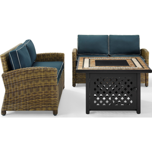 Bradenton 3 PC Outdoor Loveseat with Fire Table Set in Resin Wicker & Navy Blue Cushions