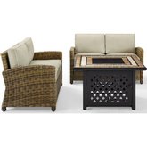 Bradenton 3 PC Outdoor Loveseat with Fire Table Set in Resin Wicker & Sand Cushions