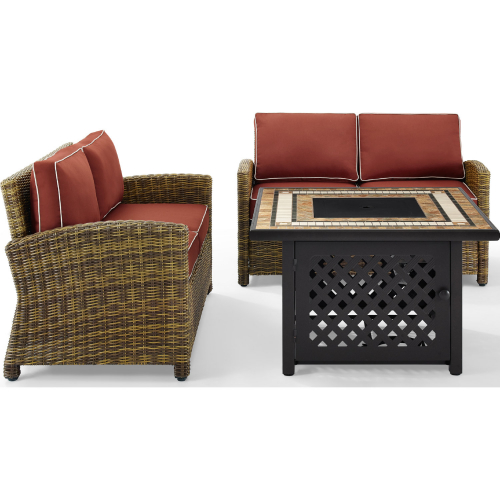 Bradenton 3 PC Outdoor Loveseat with Fire Table Set in Resin Wicker & Sangria Cushions