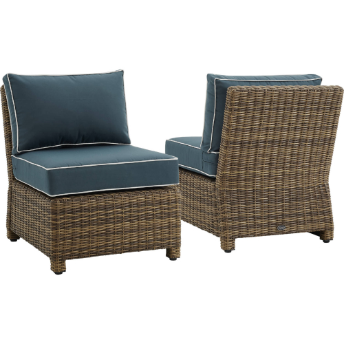 Bradenton Outdoor Armless Chair in Resin Wicker & Navy Blue Fabric (Set of 2)