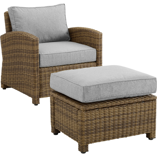 Bradenton Outdoor Arm Chair & Ottoman Set in Resin Wicker with Gray Cushions