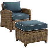 Bradenton Outdoor Arm Chair & Ottoman Set in Resin Wicker with Navy Blue Cushions