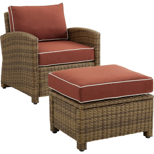 Bradenton Outdoor Arm Chair & Ottoman Set in Resin Wicker with Sangria Cushions