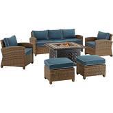 Bradenton 6 Piece Outdoor Sofa & Fire Table Set in Resin Wicker & Navy Blue Cushions