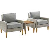 Capella 3 Piece Outdoor Accent Chair Set in Resin Wicker, Acorn Steel & Gray Fabric